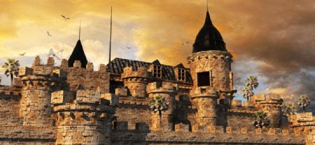 夕阳下的欧式城堡图片