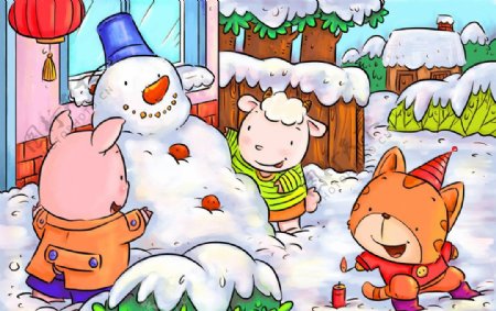 卡通绘本堆雪人图片