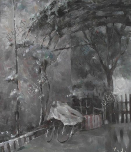 油画写生雨中小院图片