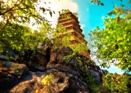 桂林寿佛塔岩石树丛图片