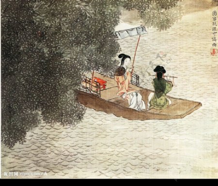 古装少女划船图片