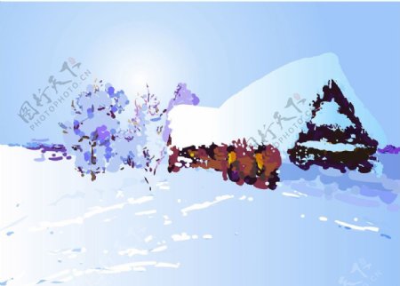 绘画ps冬天雪景美丽圣洁蓝调乡村图片