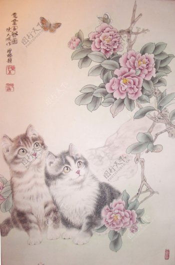 国画牡丹猫图片