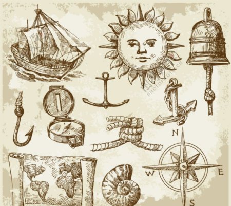 怀旧手绘航海图标图片