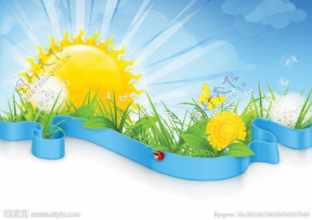 绿草地鲜花太阳环保背景图片