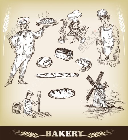 手绘面包师烹饪面包图片
