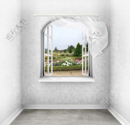 窗子窗帘花园图片