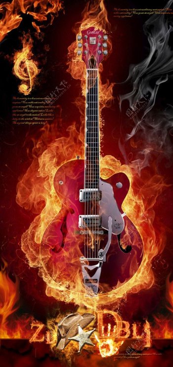 火焰包围的吉他图片