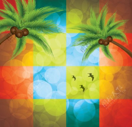椰树彩格背景图片
