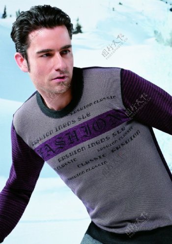 男士灰色紫色拼接保暖内衣图片