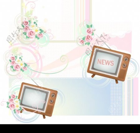 最新韩国电视机与花纹矢量素材图片