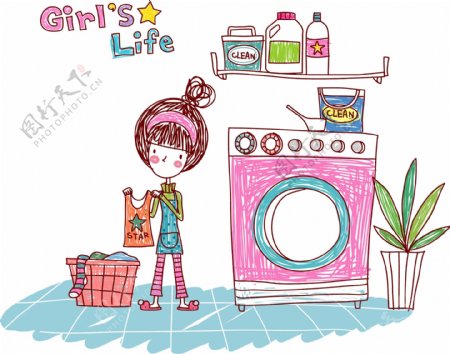 用洗衣机洗衣服的女孩图片
