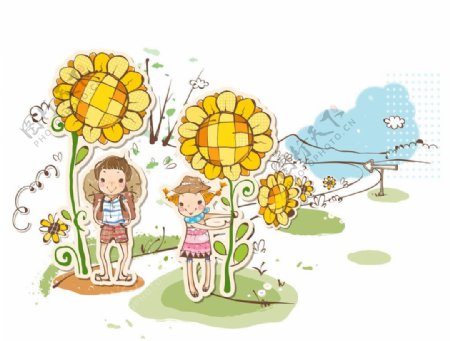 卡通向日葵和小朋友图片