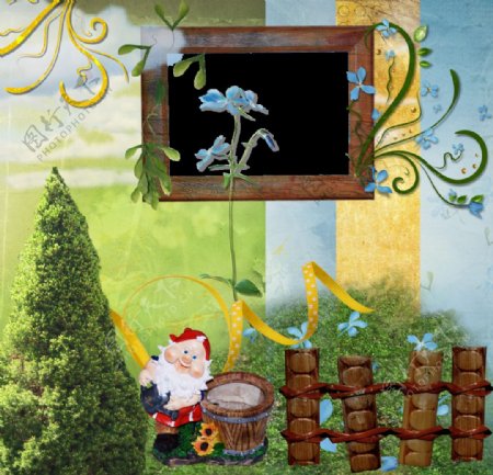 树木栅栏草地圣诞老人花朵相框图片