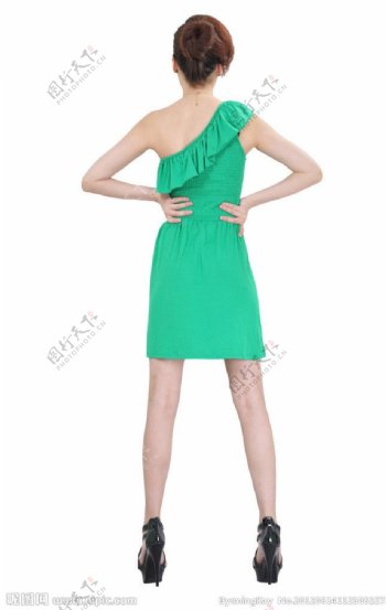 绿色连衣裙美女背面图片
