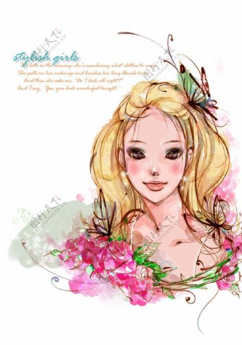 韩国少女与花插画图片