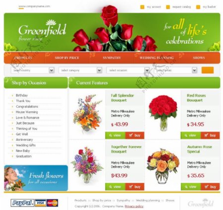 网页模板鲜花玫瑰红色绿色图片