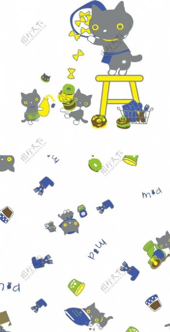 儿童服饰卡通猫咪印花布料循环图图片