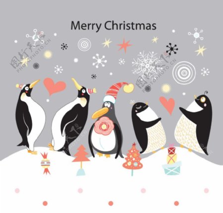 欢庆圣诞的企鹅圣诞背景图片