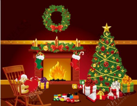 圣诞背景圣诞花环蜡烛火焰礼品盒图片