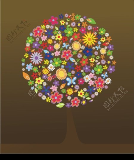 色彩斑斓的花卉组成的树木矢量图片