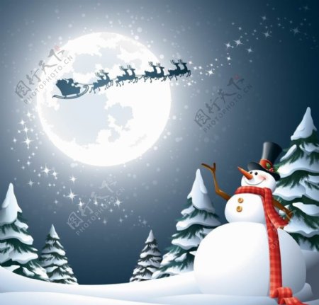 圆月夜雪人圣诞背景图片
