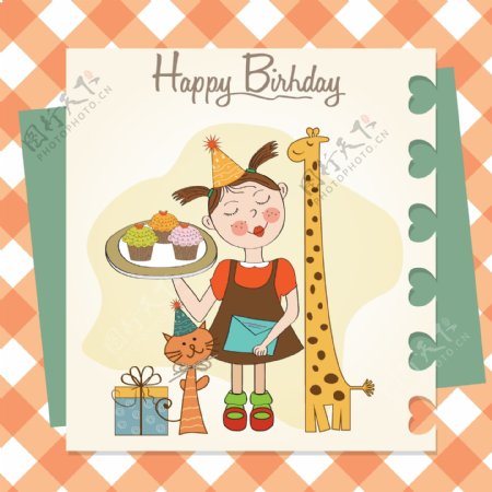 可爱女孩与动物生日贺卡图片