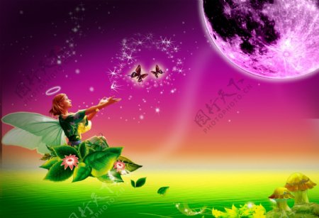 童话少女月亮紫色背景天使图片