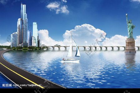 房地产自由女神帆船公路大海蓝天大桥都市风景现代化图片