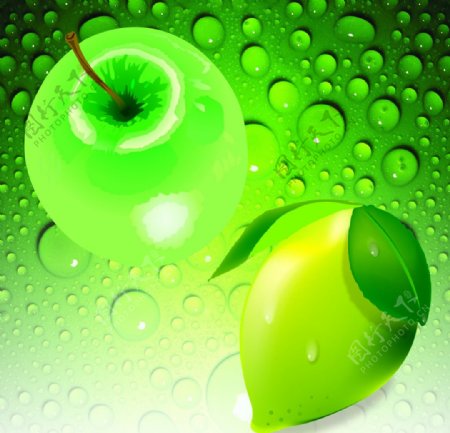 高清水晶苹果芒果水珠背景绿色一条线水珠图片