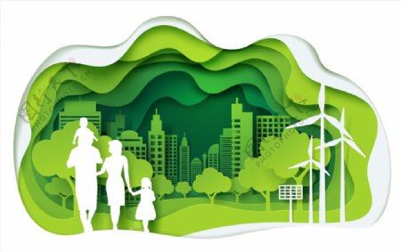 绿色生态城市和家庭剪影矢量图