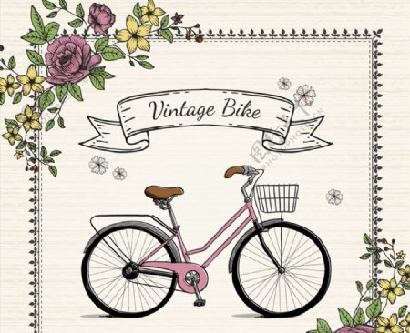 复古彩绘单车和花卉矢量素材