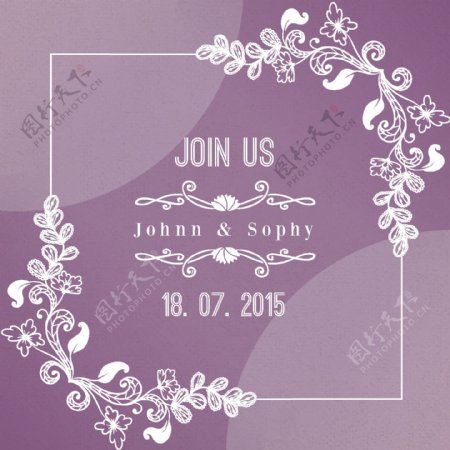 紫色婚礼卡上的草图鲜花