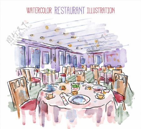 水彩绘餐厅内部图矢量素材