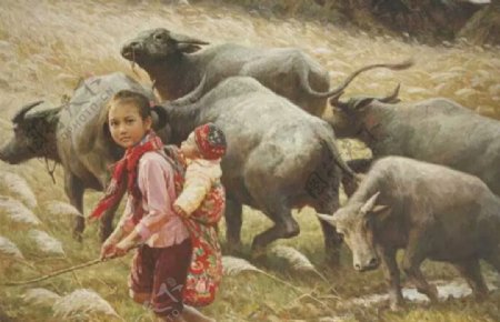 农村小孩油画