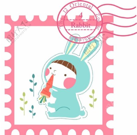 卡通兔子人物邮票素材
