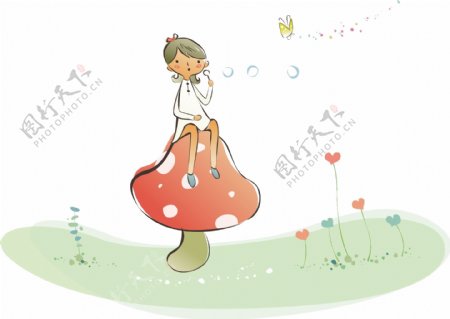 蘑菇上的卡通女孩