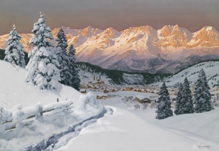 欧洲雪地油画