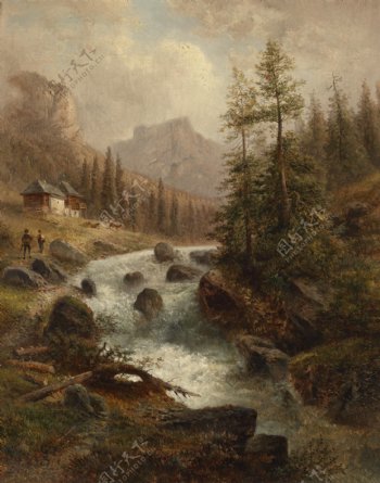 欧洲小溪风景油画