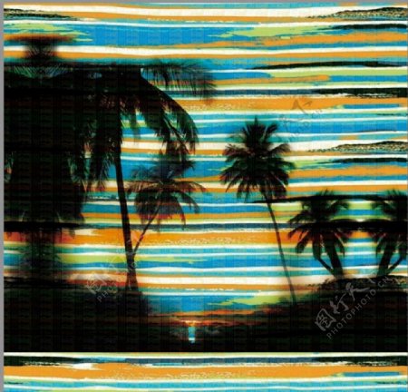 椰树海岛彩色彩虹条纹