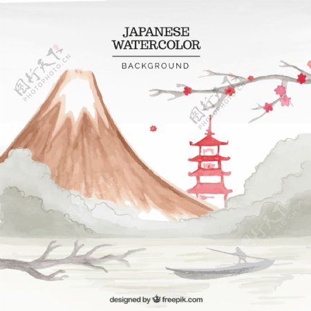 日本水彩风格富士山