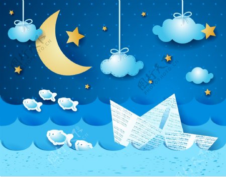 月光小船蓝色背景卡通