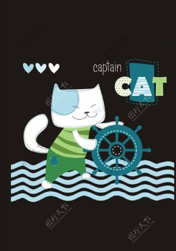 可爱卡通猫船长矢量图下载