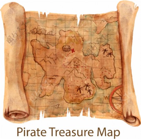 水彩海盗宝藏的地形图