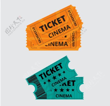 橙色和绿色的老式电影票