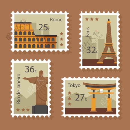 四张著名城市邮票
