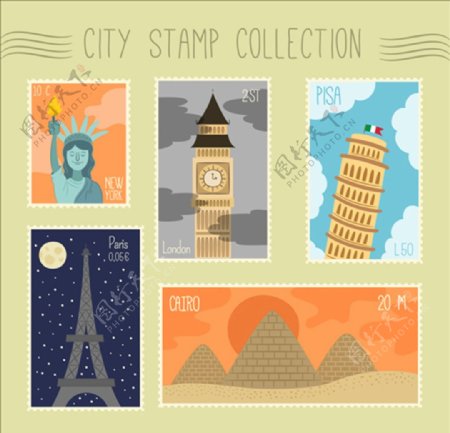 大量的城市邮票