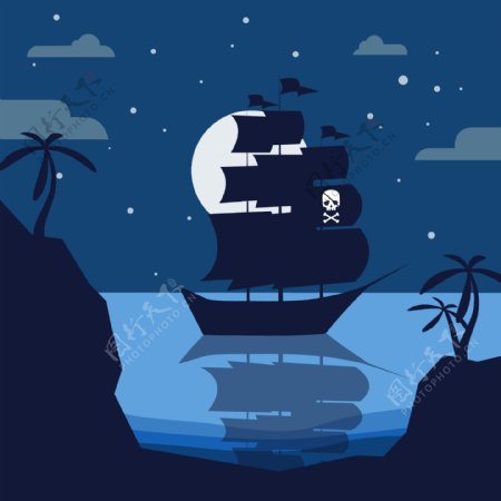 卡通在夜晚行驶的海盗船
