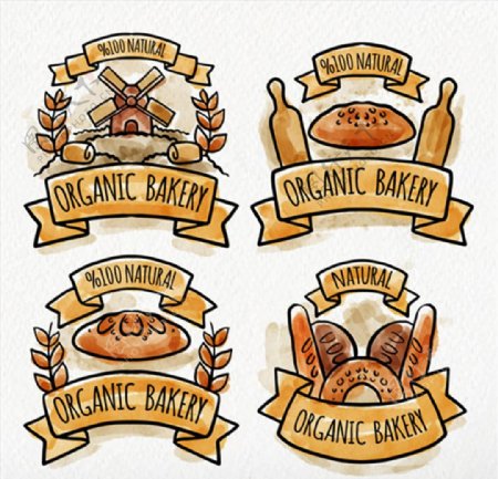 手绘水彩四款面包标签标识