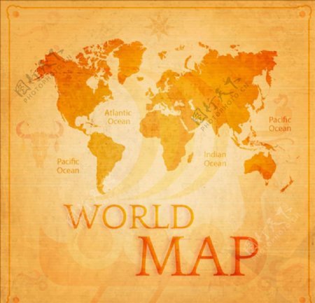 桔色色调的复古世界地形图